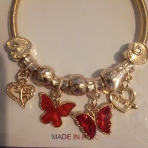 Pastel Gold and Red Butterfly Charm Bracelet NIP
